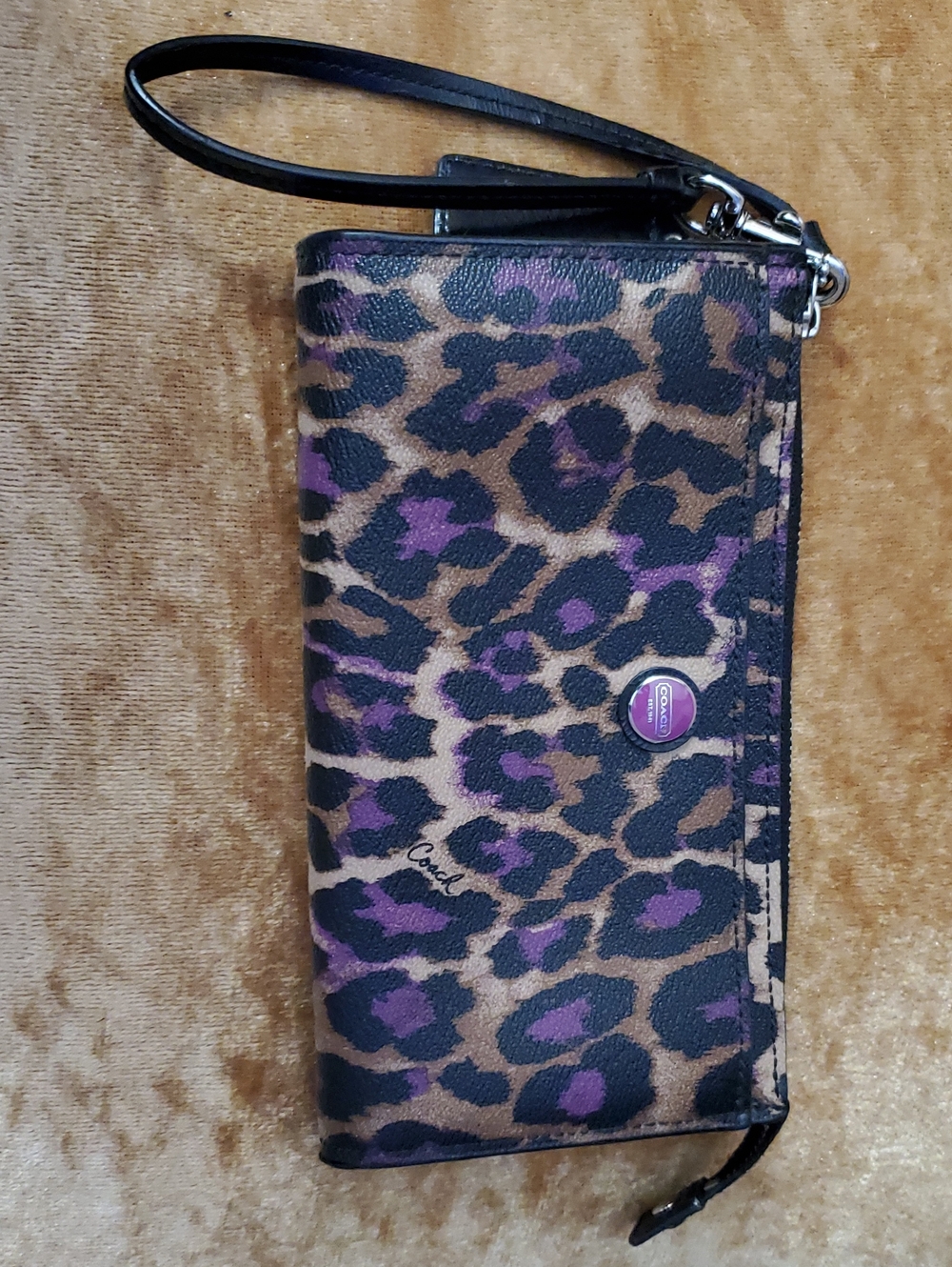 Coach Signature Leopard Print Wristlet Wallet - Brown & Purple